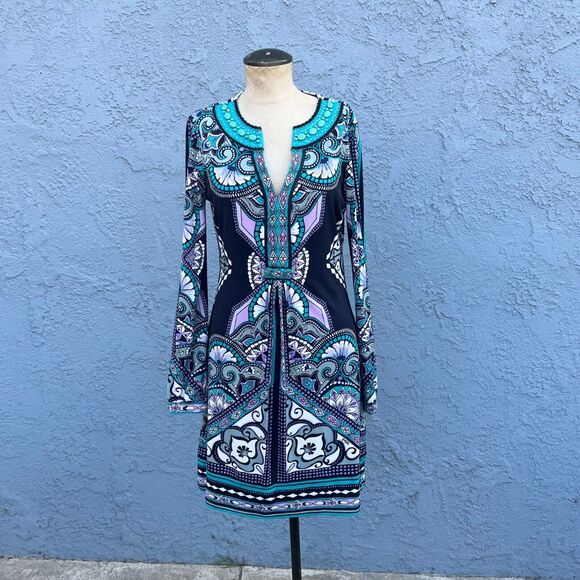 Hale Bob V-Neck Shift Dress Small Rhinestone Embellished Tunic Y2k - Picture 1 of 9